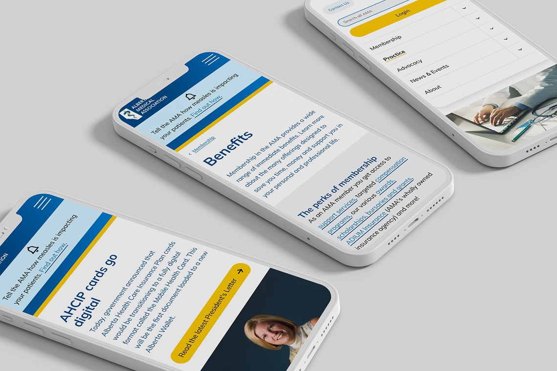 Alberta Medical Association website displayed on mobile devices, featuring member benefits, news and navigation.